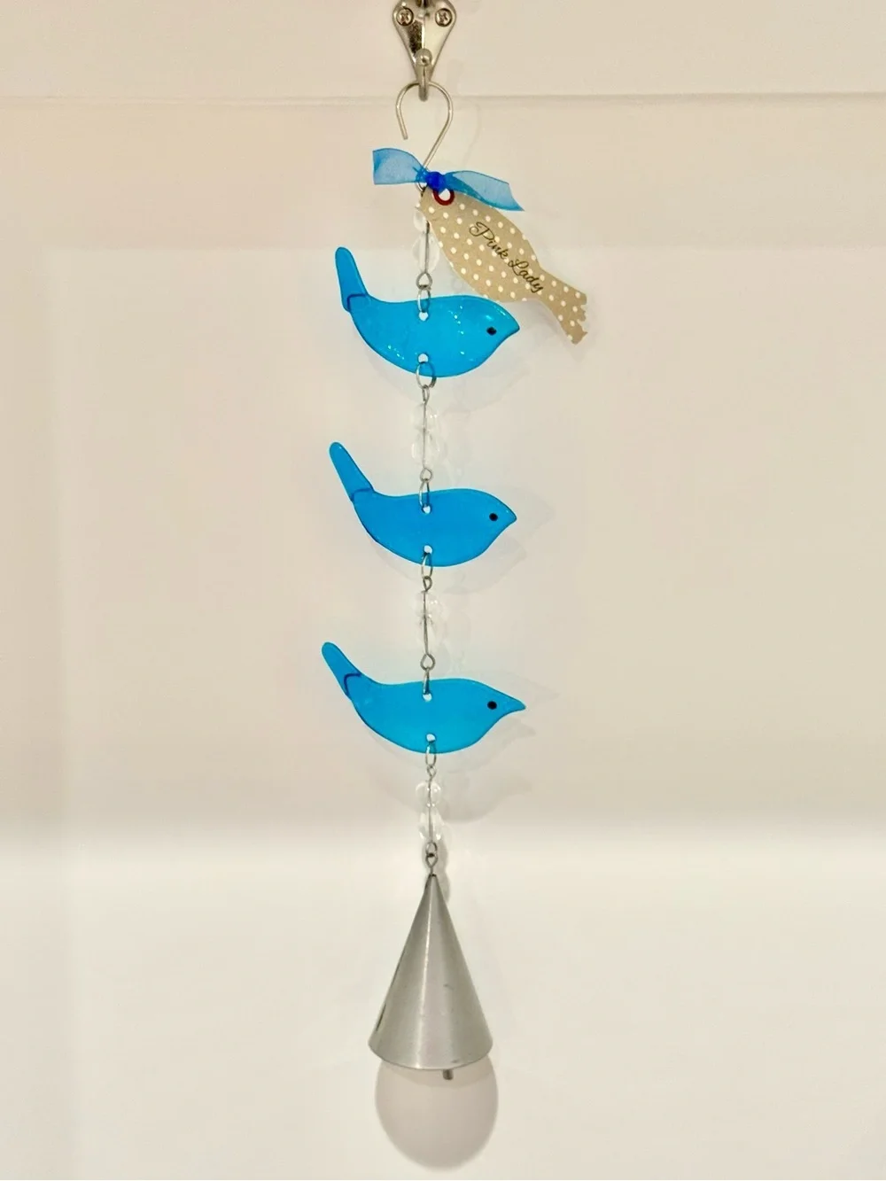 New Blue Glass Birds Suncatcher Wind Chime w/ Beads & Metal Bell - 17”